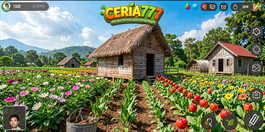 Screenshot utama CERIA777 menunjukkan tampilan kebun yang indah dan penuh warna.