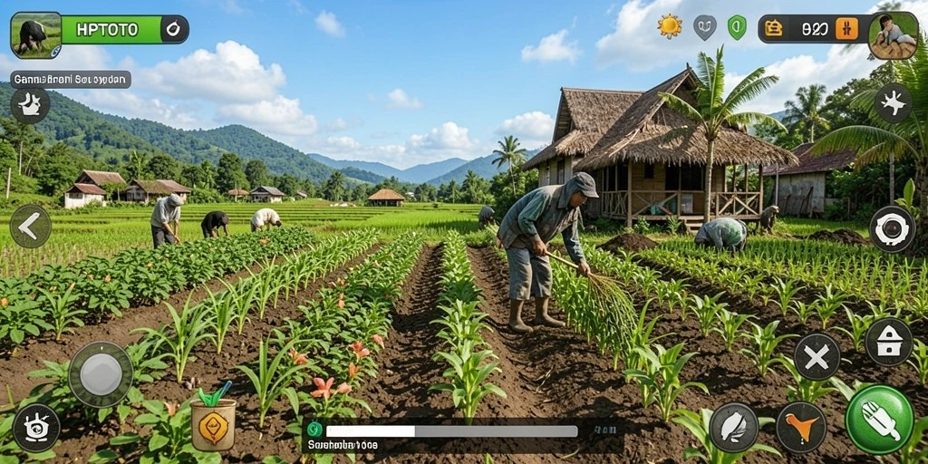 Screenshot utama HPTOTO menampilkan aktivitas bertani yang seru dan interaktif.