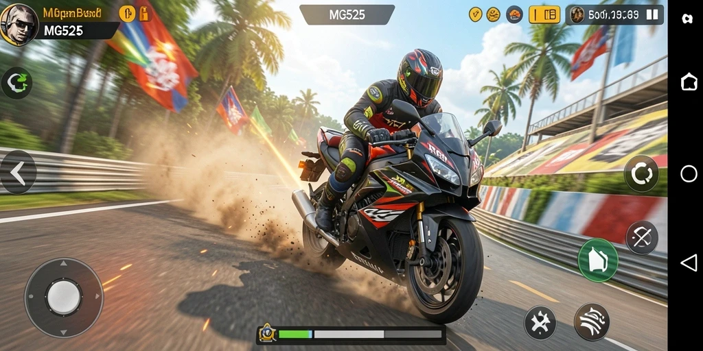 Screenshot MG525 menampilkan balapan motor yang mendebarkan.