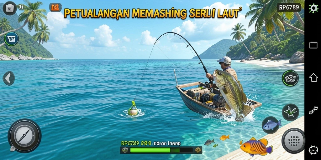 Tampilan gameplay RP6789 menampilkan keseruan memancing di lautan.