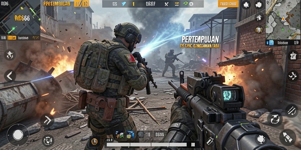 Screenshot gameplay RR666 menampilkan aksi tempur yang mendebarkan dalam genre FPS.