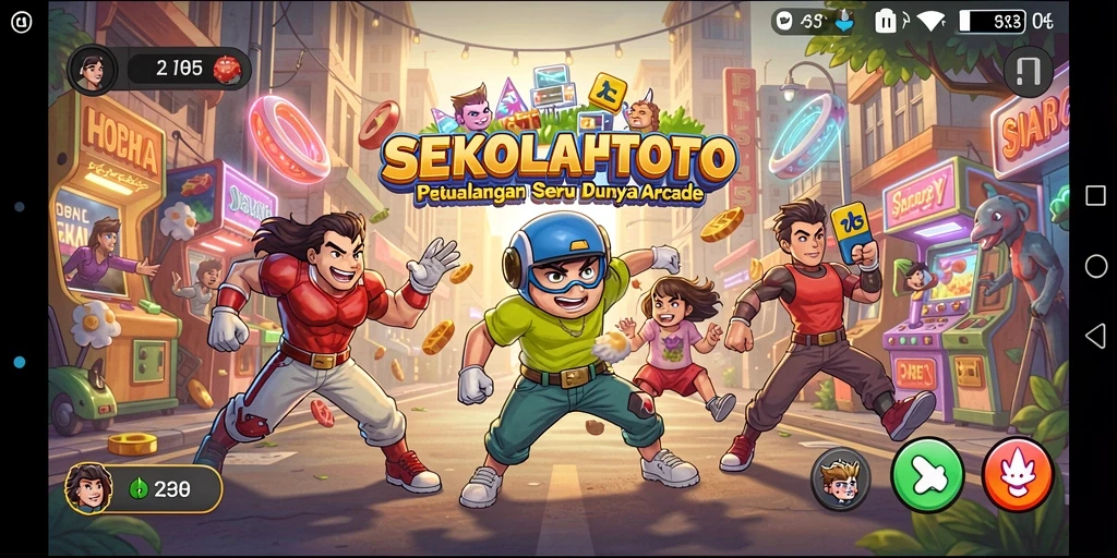 Tangkapan layar utama <strong>SEKOLAHTOTO</strong> menampilkan aksi seru gameplay Arcade.